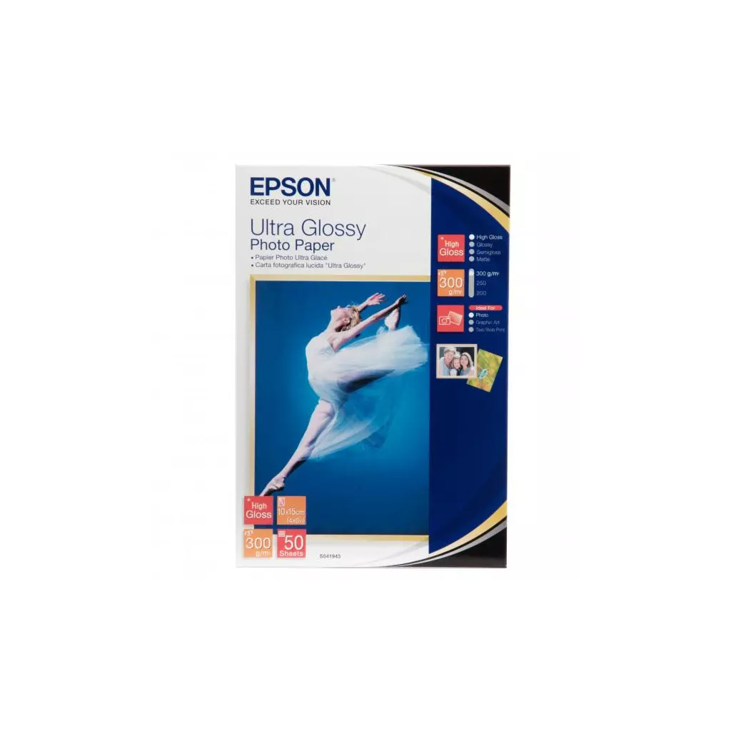 Obrázek produktu Epson Ultra Glossy Photo Paper, C13S041943BH, foto papír, lesklý, bílý, R200, R300, R800, RX425, RX500, 10x15cm, 4x6