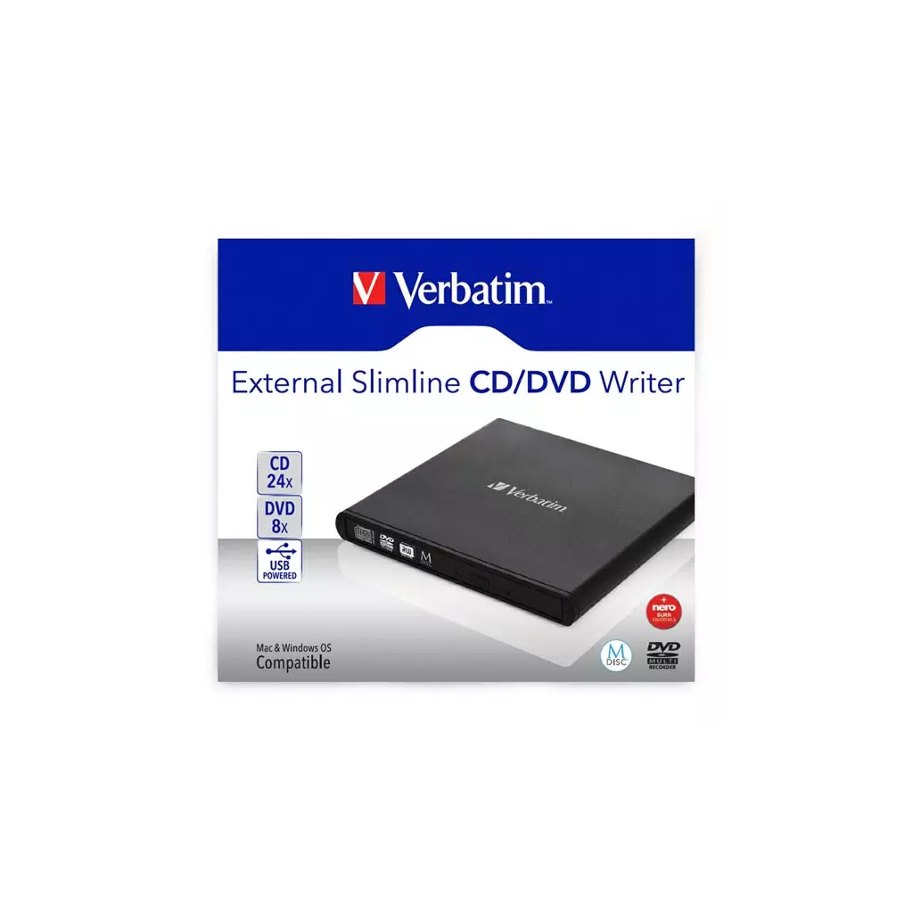 Obrázek produktu Verbatim 98938, externí CD/DVD mechanika, rychlost CD(24x) DVD (8x) technologie MDISC (tm)