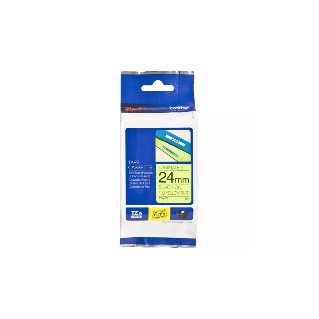 Obrázek produktu Brother originální páska do tiskárny štítků, Brother, TZE-C51, černý tisk/žlutý podklad, laminovaná, 5m, 24mm