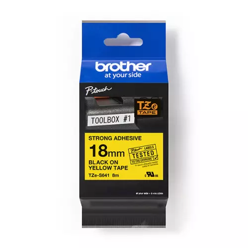 obrázek produktu Brother originální páska do tiskárny štítků, Brother, TZE-S641, černý tisk/žlutý podklad, laminovaná, 8m, 18mm, extrémně adhez