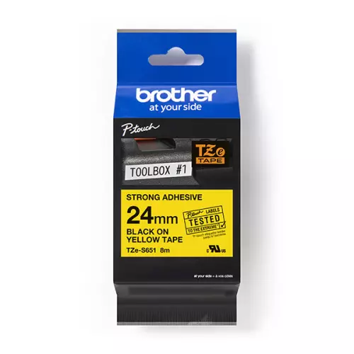 obrázek produktu Brother originální páska do tiskárny štítků, Brother, TZE-S651, černý tisk/žlutý podklad, laminovaná, 8m, 24mm, extrémně adhez