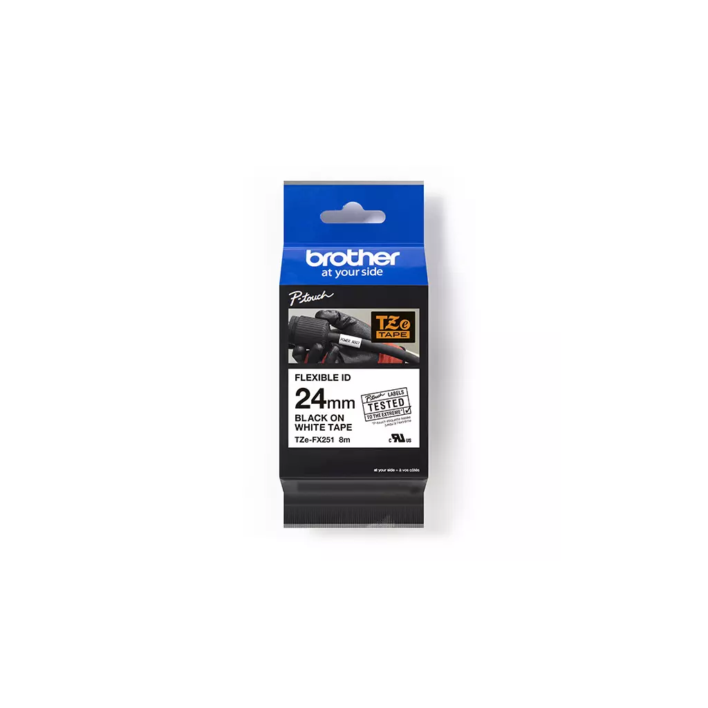 Obrázek produktu Brother originální páska do tiskárny štítků, Brother, TZE-FX251, černý tisk/bílý podklad, laminovaná, 8m, 24mm, flexibilní