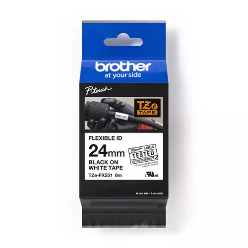 obrázek produktu Brother originální páska do tiskárny štítků, Brother, TZE-FX251, černý tisk/bílý podklad, laminovaná, 8m, 24mm, flexibilní