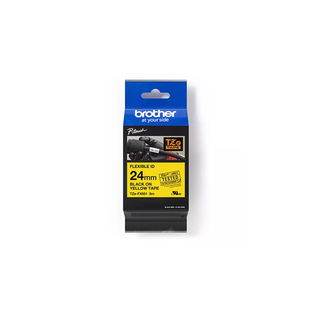 Obrázek produktu Brother originální páska do tiskárny štítků, Brother, TZE-FX651, černý tisk/žlutý podklad, laminovaná, 8m, 24mm, flexibilní