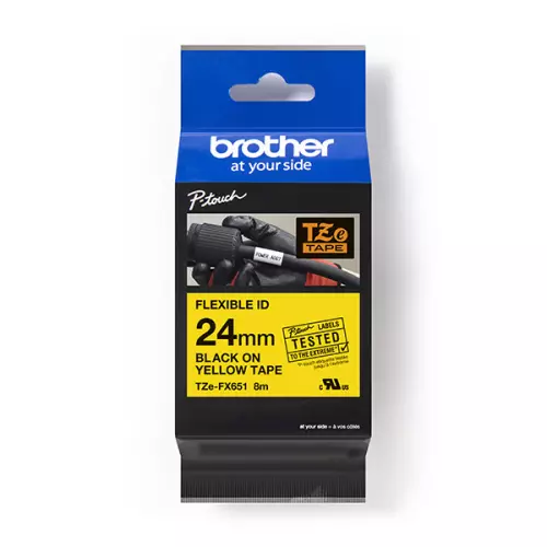 obrázek produktu Brother originální páska do tiskárny štítků, Brother, TZE-FX651, černý tisk/žlutý podklad, laminovaná, 8m, 24mm, flexibilní