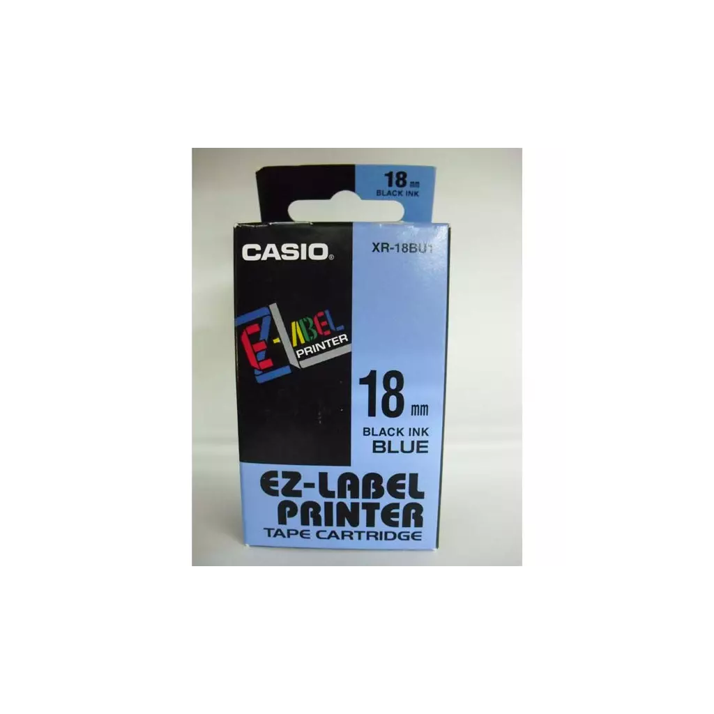 Obrázek produktu Casio originální páska do tiskárny štítků, Casio, XR-18BU1, černý tisk/modrý podklad, nelaminovaná, 8m, 18mm