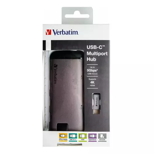 obrázek produktu USB (3.1) hub 6-port, 49142, šedá, délka kabelu 15cm, Verbatim, 1x USB C, USB A, HDMI, Ethernet, čtečka SD