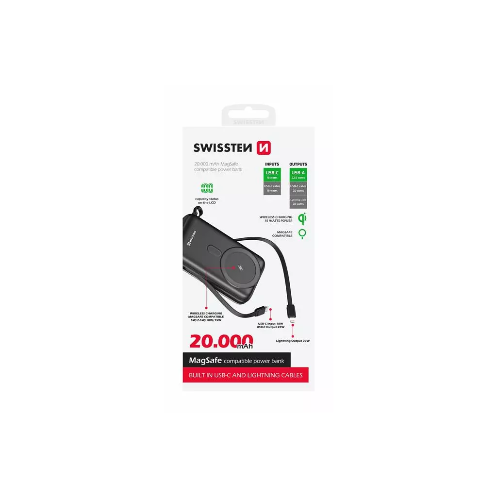 Obrázek produktu SWISSTEN POWER BANK 20000 mAh PD 20W S INTEGROVANÝ
