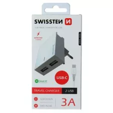 obrázek produktu SWISSTEN SÍŤOVÝ ADAPTÉR SMART IC 2x USB 3A POWER + DATOVÝ KABEL USB / TYPE C 1,2 M BÍLÝ