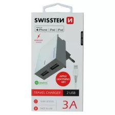 obrázek produktu SWISSTEN SÍŤOVÝ ADAPTÉR SMART IC 2x USB 3A POWER + DATOVÝ KABEL USB / LIGHTNING MFi 1,2 M BÍLÝ