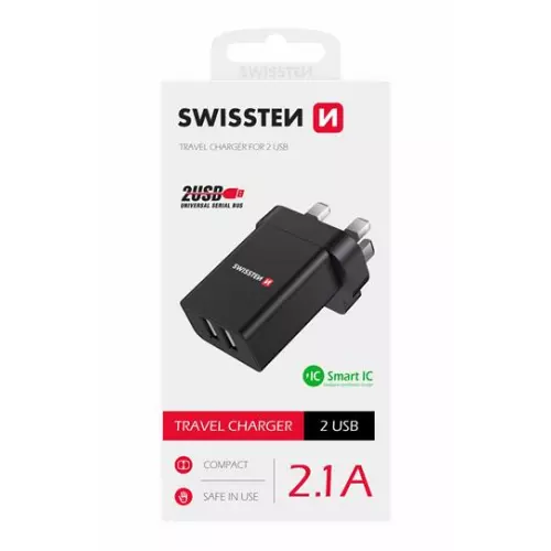 obrázek produktu SWISSTEN SÍŤOVÝ ADAPTÉR 2x USB 10,5W pro UK zásuvku ČERNÝ