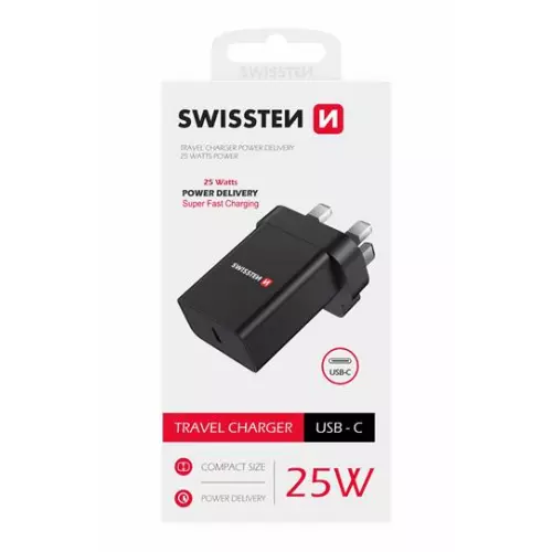 obrázek produktu SWISSTEN SÍŤOVÝ ADAPTÉR PD 25W PRO IPHONE A SAMSUNG pro UK zásuvku ČERNÝ