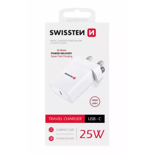 obrázek produktu SWISSTEN SÍŤOVÝ ADAPTÉR PD 25W PRO IPHONE A SAMSUNG pro UK zásuvku BÍLÝ