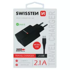 obrázek produktu SWISSTEN SÍŤOVÝ ADAPTÉR SMART IC 2x USB 2,1A POWER + DATOVÝ KABEL USB / MICRO USB 1,2 M ČERNÝ