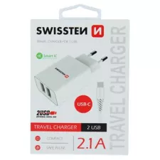obrázek produktu SWISSTEN SÍŤOVÝ ADAPTÉR SMART IC 2x USB 2,1A POWER + DATOVÝ KABEL USB / TYPE C 1,2 M BÍLÝ