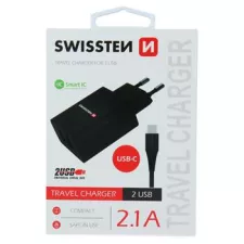 obrázek produktu SWISSTEN SÍŤOVÝ ADAPTÉR SMART IC 2x USB 2,1A POWER + DATOVÝ KABEL USB / TYPE C 1,2 M ČERNÝ