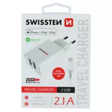 obrázek produktu SWISSTEN SÍŤOVÝ ADAPTÉR SMART IC 2x USB 2,1A POWER + DATOVÝ KABEL USB / LIGHTNING MFi 1,2 M BÍLÝ