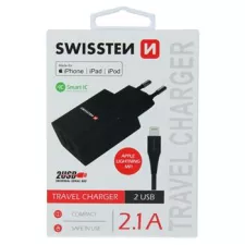 obrázek produktu SWISSTEN SÍŤOVÝ ADAPTÉR SMART IC 2x USB 2,1A POWER + DATOVÝ KABEL USB / LIGHTNING MFi 1,2 M ČERNÝ