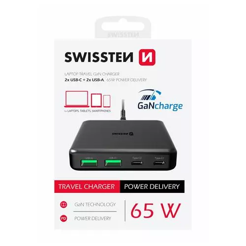 obrázek produktu SWISSTEN MINI DESKTOP ADAPTÉR GaN 2x USB-C + 2xUSB 65W POWER DELIVERY ČERNÝ
