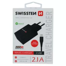 obrázek produktu SWISSTEN SÍŤOVÝ ADAPTÉR SMART IC 2x USB 2,1A POWER + DATOVÝ KABEL USB / LIGHTNING 1,2 M ČERNÝ