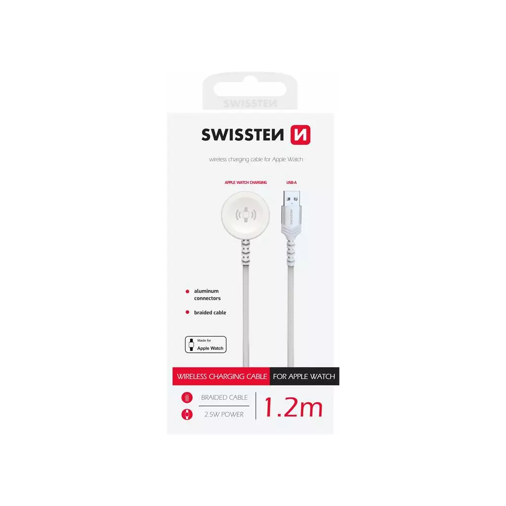 Obrázek produktu SWISSTEN OPLETENÝ MAGNETICKÝ KABEL PRO APPLE WATCH KOVOVÝ, USB-A 1.2 M BÍLÝ