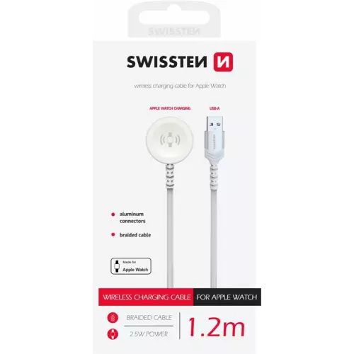obrázek produktu SWISSTEN OPLETENÝ MAGNETICKÝ KABEL PRO APPLE WATCH KOVOVÝ, USB-A 1.2 M BÍLÝ