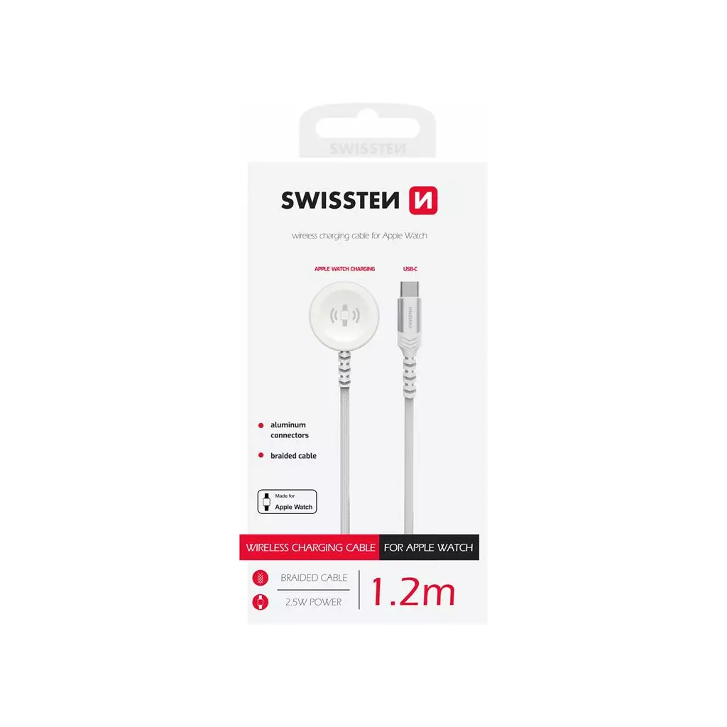 Obrázek produktu SWISSTEN OPLETENÝ MAGNETICKÝ KABEL PRO APPLE WATCH KOVOVÝ, USB-C 1.2 M BÍLÝ