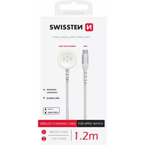 obrázek produktu SWISSTEN OPLETENÝ MAGNETICKÝ KABEL PRO APPLE WATCH KOVOVÝ, USB-C 1.2 M BÍLÝ