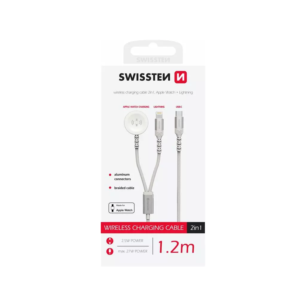 Obrázek produktu SWISSTEN OPLETENÝ MAGNETICKÝ KABEL 2v1 PRO APPLE WATCH A LIGHTNING, USB-C 1.2 M BÍLÝ