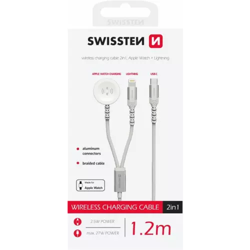 obrázek produktu SWISSTEN OPLETENÝ MAGNETICKÝ KABEL 2v1 PRO APPLE WATCH A LIGHTNING, USB-C 1.2 M BÍLÝ