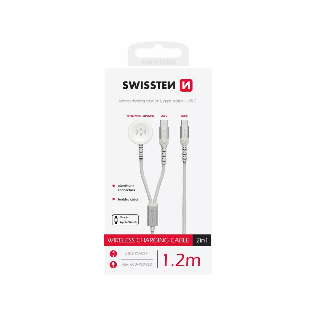 Obrázek produktu SWISSTEN OPLETENÝ MAGNETICKÝ KABEL 2v1 PRO APPLE WATCH A USB-C, USB-C 1.2 M BÍLÝ