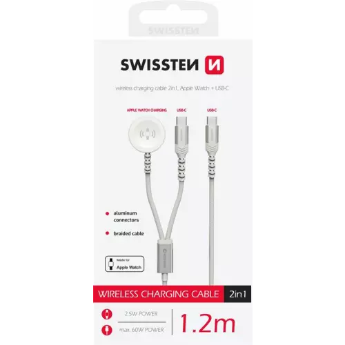 obrázek produktu SWISSTEN OPLETENÝ MAGNETICKÝ KABEL 2v1 PRO APPLE WATCH A USB-C, USB-C 1.2 M BÍLÝ