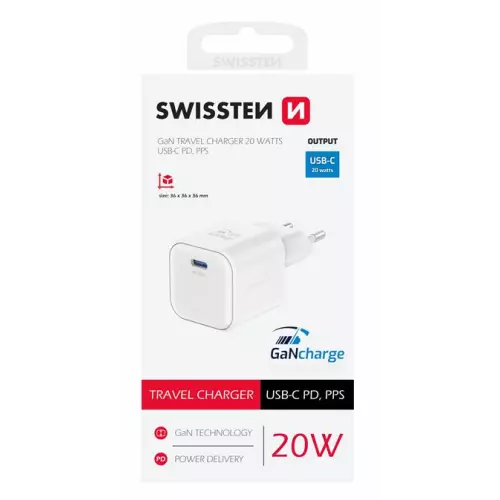 obrázek produktu SWISSTEN SÍŤOVÝ ADAPTÉR GaN 1x USB-C 20W POWER DELIVERY BÍLÝ