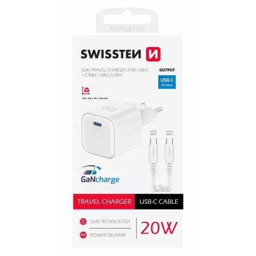 obrázek produktu SWISSTEN SÍŤOVÝ ADAPTÉR GaN 1x USB-C 20W POWER DELIVERY BÍLÝ + DATOVÝ KABEL USB-C/USB-C 1,2 M BÍLÝ