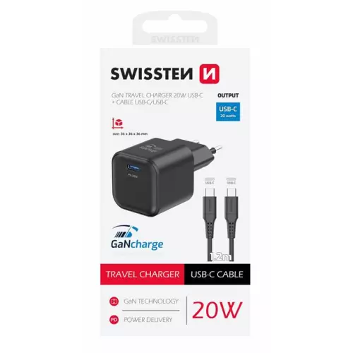 obrázek produktu SWISSTEN SÍŤOVÝ ADAPTÉR GaN 1x USB-C 20W POWER DELIVERY ČERNÝ + DATOVÝ KABEL USB-C/USB-C 1,2 M ČERNÝ