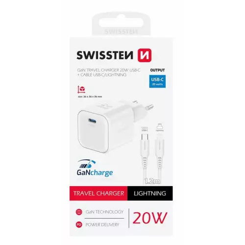 obrázek produktu SWISSTEN SÍŤOVÝ ADAPTÉR GaN 1x USB-C 20W POWER DELIVERY BÍLÝ + DATOVÝ KABEL USB-C/LIGHTNING 1,2 M BÍLÝ
