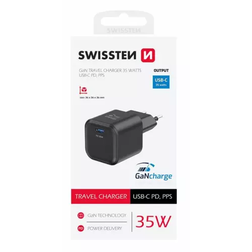 obrázek produktu SWISSTEN SÍŤOVÝ ADAPTÉR GaN 1x USB-C 35W POWER DELIVERY ČERNÝ