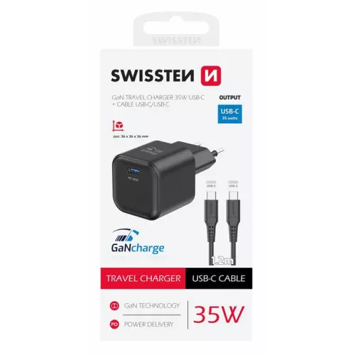 obrázek produktu SWISSTEN SÍŤOVÝ ADAPTÉR GaN 1x USB-C 35W POWER DELIVERY ČERNÝ + DATOVÝ KABEL USB-C/USB-C 1,2 M ČERNÝ