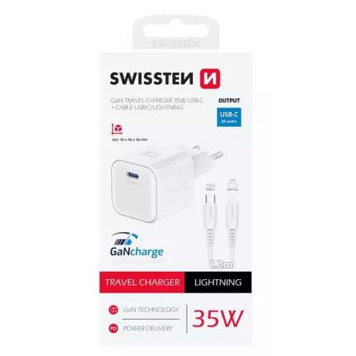 obrázek produktu SWISSTEN SÍŤOVÝ ADAPTÉR GaN 1x USB-C 35W POWER DELIVERY BÍLÝ + DATOVÝ KABEL USB-C/LIGHTNING 1,2 M BÍLÝ