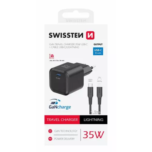 obrázek produktu SWISSTEN SÍŤOVÝ ADAPTÉR GaN 1x USB-C 35W POWER DELIVERY ČERNÝ + DATOVÝ KABEL USB-C/LIGHTNING 1,2 M ČERNÝ
