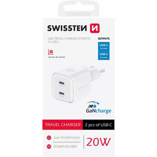 obrázek produktu SWISSTEN SÍŤOVÝ ADAPTÉR GaN 2x USB-C 20W POWER DELIVERY BÍLÝ