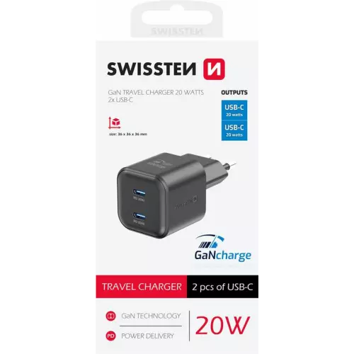 obrázek produktu SWISSTEN SÍŤOVÝ ADAPTÉR GaN 2x USB-C 20W POWER DELIVERY ČERNÝ