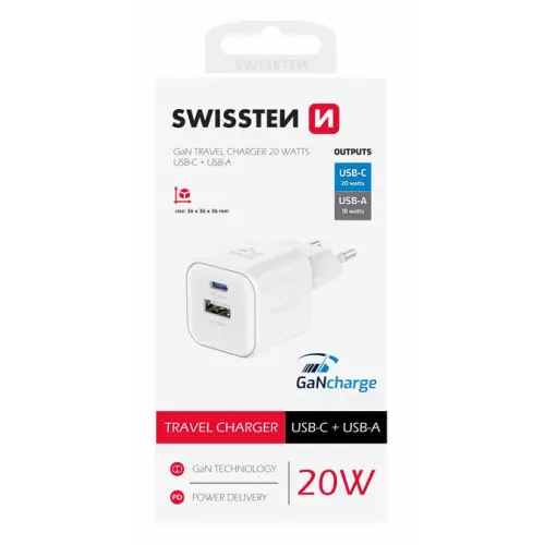 obrázek produktu SWISSTEN SÍŤOVÝ ADAPTÉR GaN 1x USB-C 20W PD A 1x USB-A 18W QC BÍLÝ