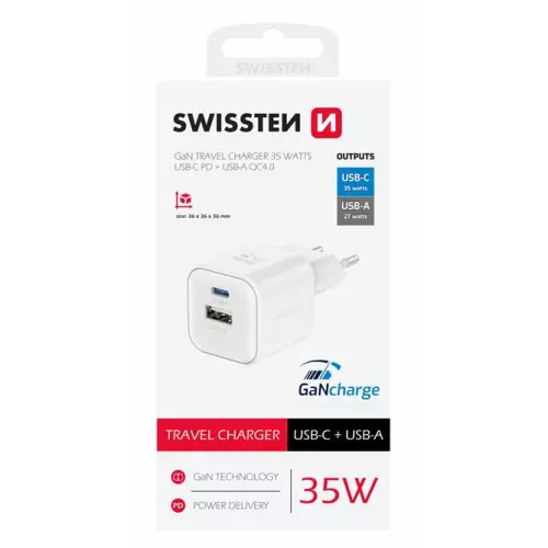 obrázek produktu SWISSTEN SÍŤOVÝ ADAPTÉR GaN 1x USB-C 35W PD + 1x USB-A 27W QC BÍLÝ