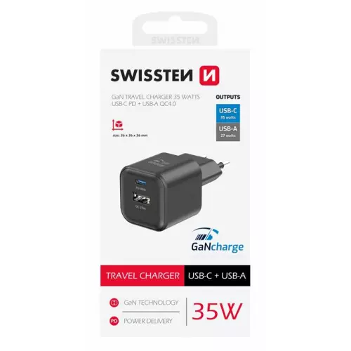 obrázek produktu SWISSTEN SÍŤOVÝ ADAPTÉR GaN 1x USB-C 35W PD + 1x USB-A 27W QC ČERNÝ