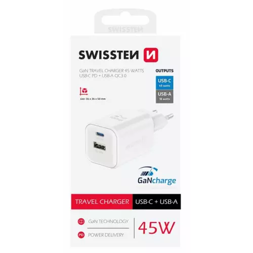 obrázek produktu SWISSTEN SÍŤOVÝ ADAPTÉR GaN 1x USB-C 45W PD + 1x USB-A 18W QC BÍLÝ