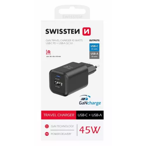 obrázek produktu SWISSTEN SÍŤOVÝ ADAPTÉR GaN 1x USB-C 45W PD + 1x USB-A 18W QC ČERNÝ
