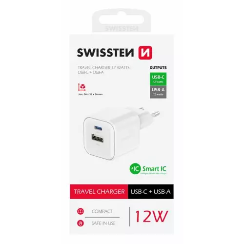 obrázek produktu SWISSTEN SÍŤOVÝ ADAPTÉR 12W 1x USB-C + 1x USB-A  BÍLÝ