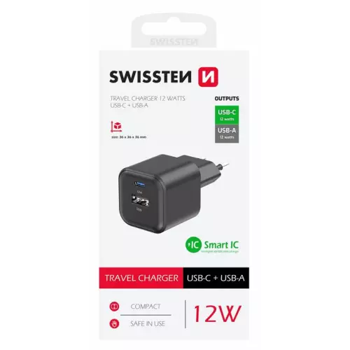 obrázek produktu SWISSTEN SÍŤOVÝ ADAPTÉR 12W 1x USB-C + 1x USB-A  ČERNÝ