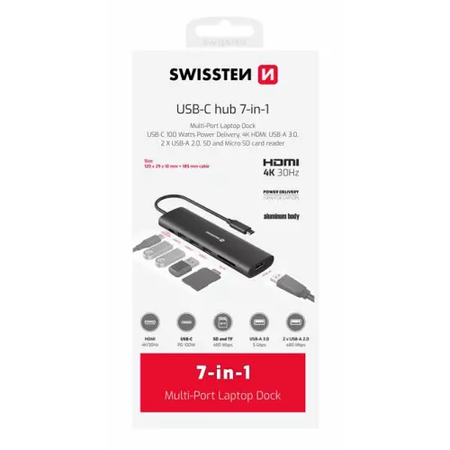 obrázek produktu SWISSTEN USB-C HUB 7-IN-1 (USB-C 100W, HDMI 4K, 1x USB-A 3.0, 2x USB-A 2.0, SD, MICRO SD) ALUMINIUM